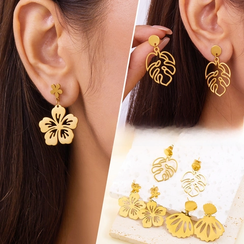 Fashion Stainless Steel Scallop Stud Earrings For Women Minimalist Hollow Out Flower Leaf Golden Jewelry Commute Accessories