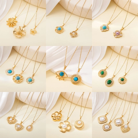 Stainless Steel Necklace With Artificial Pearl Malachite Turquoise Pendant Vintage Gold Plated Clavicle Chain Jewelry For Women