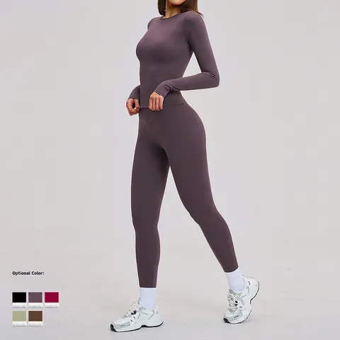 Dames Yoga Top Met Lange Mouwen En Legging Met Hoge Taille Slim Fit Workout Fitness Gym Kleding Nylon Spandex Geborstelde Stof