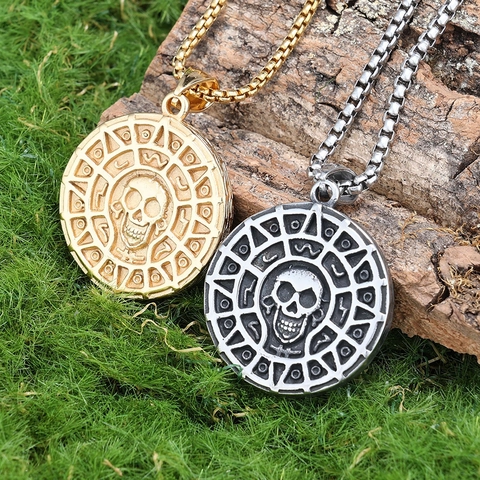 Collar Con Colgante De Moneda De Calavera Acero Inoxidable Retro Vikingo Nórdico Estilo Azteca Joyería Para Hombres