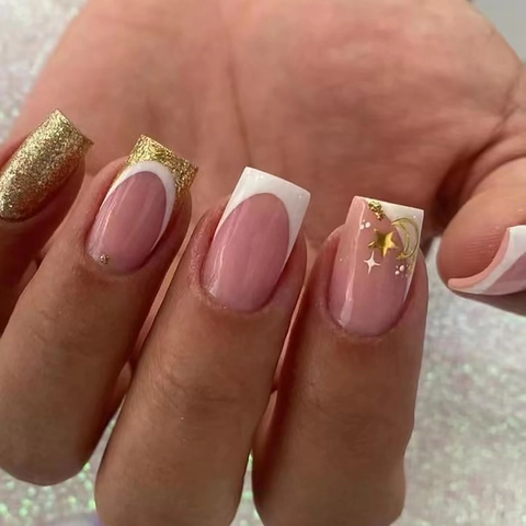 French Press On Nails Medium Long Coffin Square Star Moon Glitter Nude Pink White Artificial Fake Nails