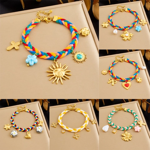 Bohemian Hand Woven Colorful Rope Bracelet Gold Plated Alloy Charm Flower Heart Artificial Pearl Bead Adjustable Summer Jewelry