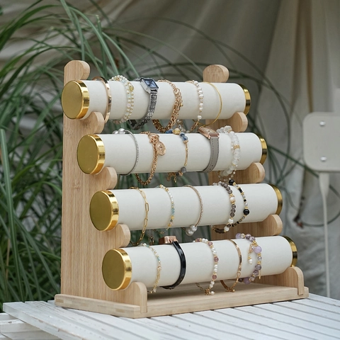 Bamboo Wood Jewelry Display Stand Multi Tier Bracelet Watch Holder Velvet Removable Rolls Desktop Jewelry Rack