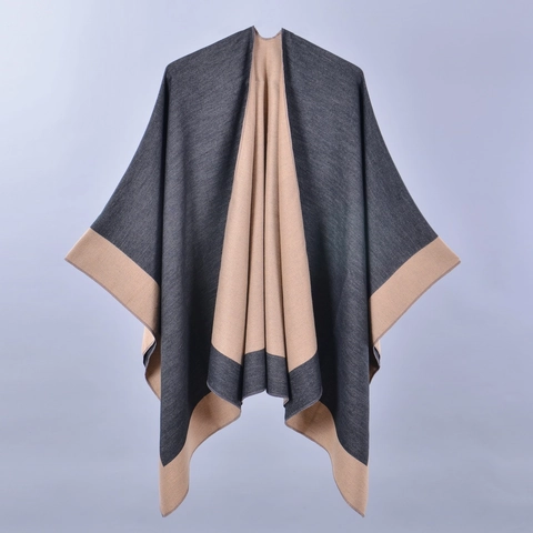 Damen Mode Kaschmirimitat Farbblock Schal Poncho Weich Schlitz Vorne Offener Wickelumhang Warmer Schal Für Herbst Winter