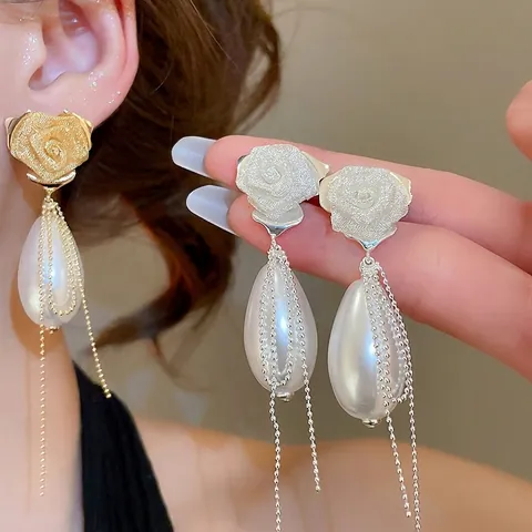 Boucles D'oreilles Rose En Maille Vintage Avec Künstliche Perle Goutte D'eau Chaîne À Pompons Et Tige En Argent Sterling 925 Femme
