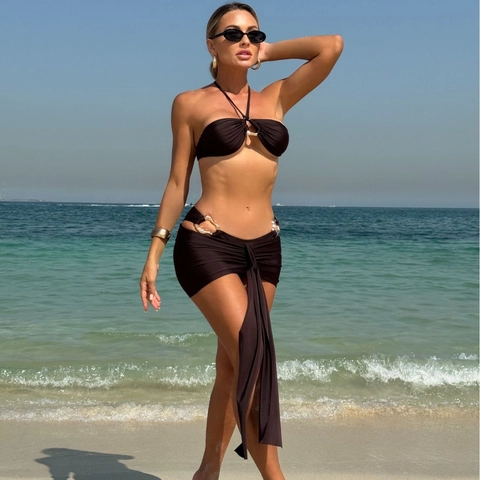 Sexy Solid Color Bikini Top Bottom And Sarong Skirt With Gold Metal Ring Halter Neck Summer Beachwear For Women