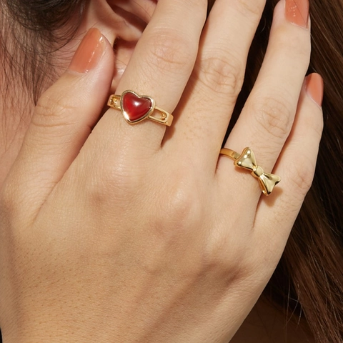 Vintage Red Agate Heart Ring Stainless Steel 18K Gold Plated Adjustable Open Finger Ring For Women