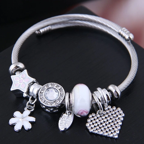 Charm Bracelet Alloy Steel Wire Heart Pendant Flower Enamel Beads Vintage Bohemian Jewelry For Women