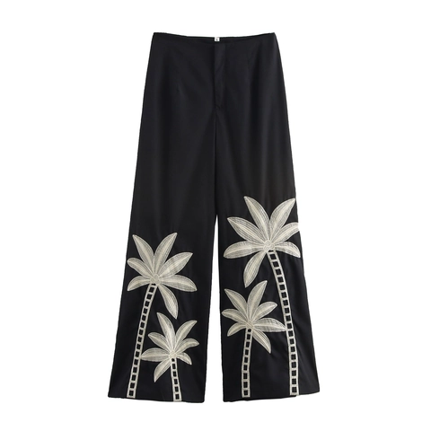 Women Wide Leg Pants Polyester Palm Tree Embroidery Mid Waist Vacation Style Casual Tropical Long Trousers