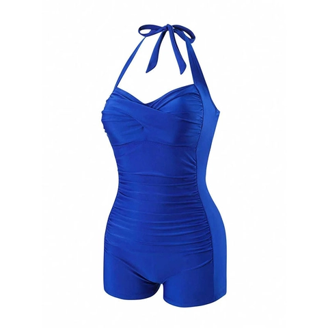 Women One Piece Swimsuit Halter Neck Boy Leg Ruched Tummy Control Vintage Bathing Suit Polyester Spandex
