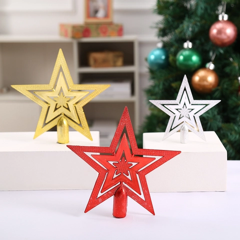 Christmas Tree Topper Star Hollow Pentagram Glitter Plastic Electroplated Shimmering Holiday Ornament