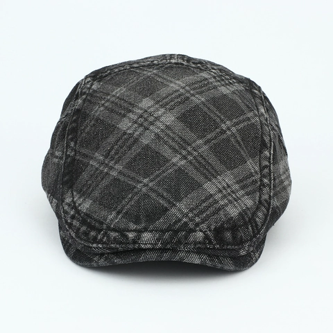 Béret En Jean Délavé Vintage Casquette Plate À Carreaux Rétro Coton Réglable Style Britannique Décontracté