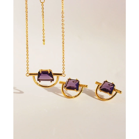 Gioielli Collana E Orecchini Con Zirconi Viola Semicerchio Geometrico Con Perno Per Orecchino In Argento Sterling 925 Ottone Placcato Oro