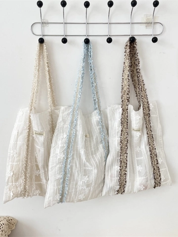 Sac Fourre-Tout À Broderie Florale Pour Femme Maille Polyester Texture Plissée Grande Capacité Sac À Bandoulière
