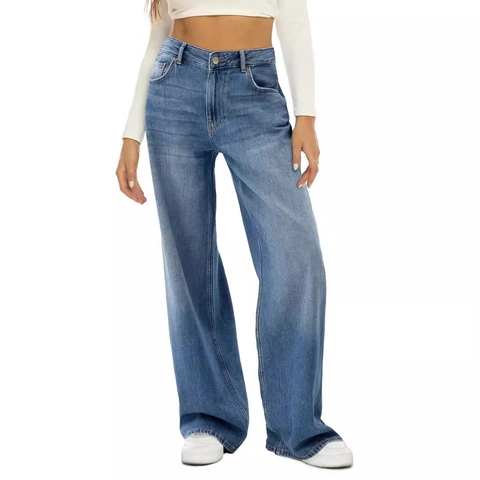 Jeans Donna Vita Alta Gamba Larga Casual Pantaloni Denim Larghi Lavati Retro Blu Nero Streetwear Gamba Dritta