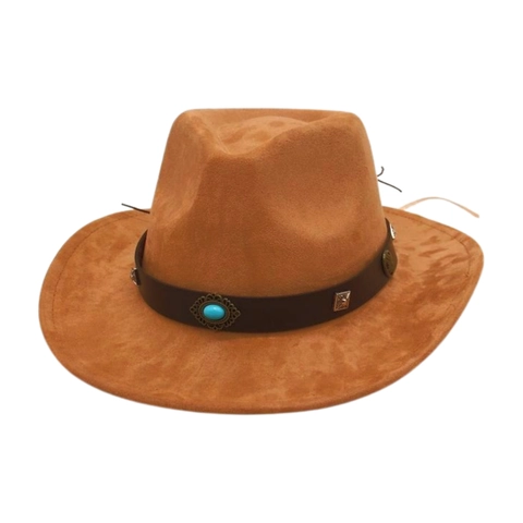 Western Cowboy Hat Vintage Suede Wide Brim Turquoise Leather Band Fedora Ethnic Retro Style Outdoor Sun Protection