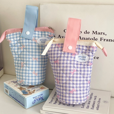 Quilted Cotton Plaid Pencil Case Aesthetic Kawaii Bowknot Cylinder Storage Bag Portable Stationery Organizer For Students