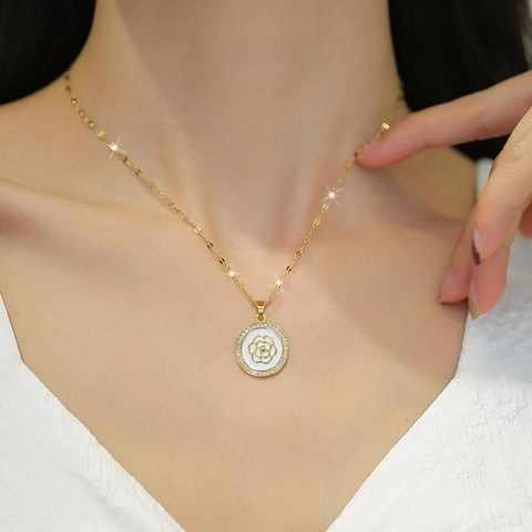 Camellia Round Necklace Earring Jewelry Set Gold Plated Titanium Steel With Silver Earring Post Micro Inlaid Zirconia