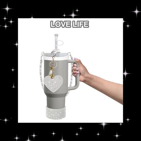 Tumbler Accessories Set Rhinestone Cup Sleeve Diamond Straw Cover Bottle Handle Heart Keychain For Travel Drinkware