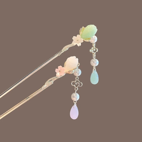 Horquilla Para El Pelo Antigua Capullo De Flor Aleación Estilo Chino Con Imitación Jade Y Borla De Perlas Artificiales Para Mujer