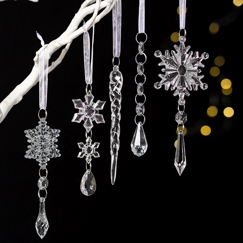 Snowflake Icicle Christmas Hanging Ornaments Clear Transparent Acrylic Plastic Tree Decoration Holiday Party Decor Festive