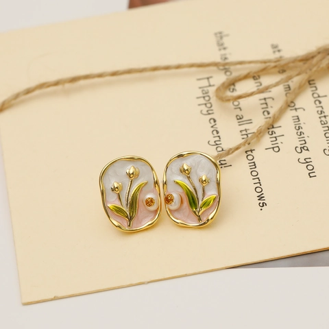 Orecchini a Bottone a Forma di Fiore di Tulipano in Stile Francese Vintage Smalto Rame Perla d'Acqua Dolce Perno in Argento Sterling 925 da Donna Gioielli Eleganti
