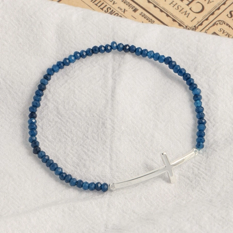 Faceted Beaded Bracelet Natural Stone Artificial Crystal Copper Silver Plated Curved Cross Religious Prayer For Women