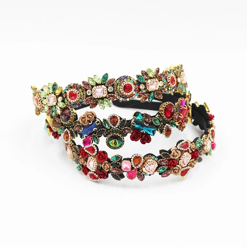 Serre-Tête Baroque Rétro Strass Colorés Fleur Rose Métal Élégant Mariée Cerceau De Cheveux Pour Femmes Accessoire Fête