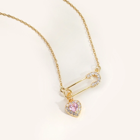 Pink Heart Zircon Pendant Necklace With Safety Pin Stainless Steel Chain Gold Plated Fashion Jewelry For Women
