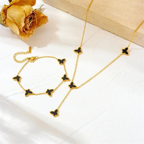 Unique Butterfly Necklace And Bracelet Titanium Steel Shell Inlay Dainty Elegant Jewelry For Women