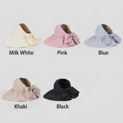Empty Top Sun Hat Women Large Brim UV Protection Black Glue Coating Breathable Foldable Ribbon Bow Summer Ponytail Friendly