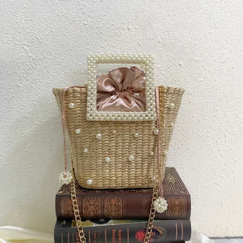 Stro Handtas Kunstparel Handvat Satijn Trekkoord Binnentas Retro Strand Vakantie Elegante Emmertas Vrouwen