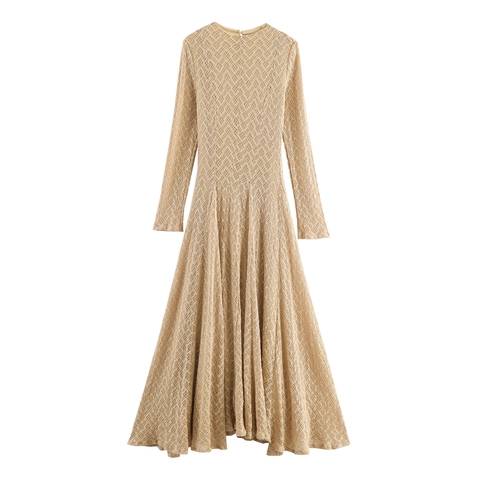 Vestido Maxi De Punto Con Manga Larga Calado Elegante Ajustado Cintura Alta Cuello Redondo Color Sólido Beige Línea A Dobladillo Grande Mujeres