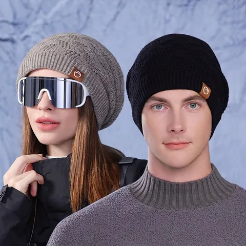 Winter Beanie Muts Vrouwen Mannen Acryl Fleece Gevoerd Warm Gebreid Schedelkap Outdoor Ski Diamant Rooster Leren Patch