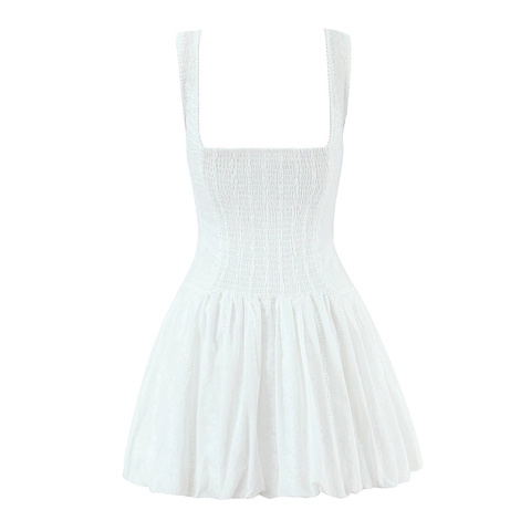 Weißes Camisole Minikleid Mit Baumwollstickerei Eckiger Ausschnitt Gesmokte Taille A-Linie Süßer Stil Damen