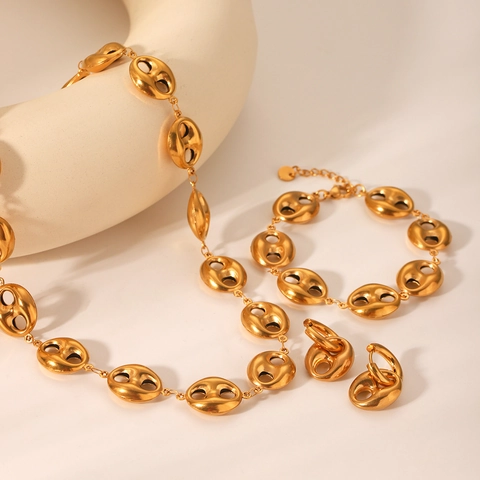 Collana Bracciale Orecchini Chicco Caffè Maiale Acciaio Inossidabile Placcato Oro 18K Gioielli Moda Eleganti Donne