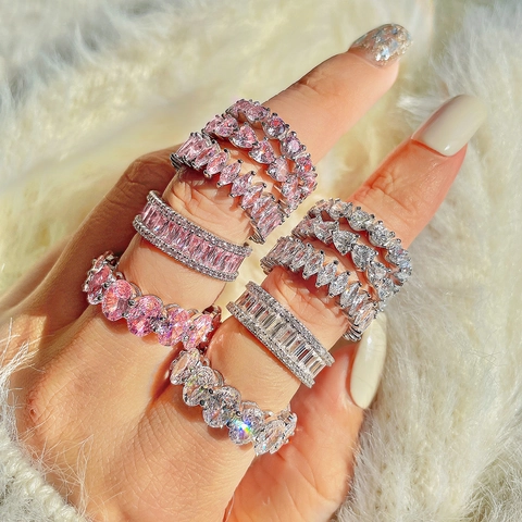 925 Sterling Silver Eternity Ring For Women Cubic Zirconia Heart Marquise Oval Baguette Stackable Princess Wedding Jewelry