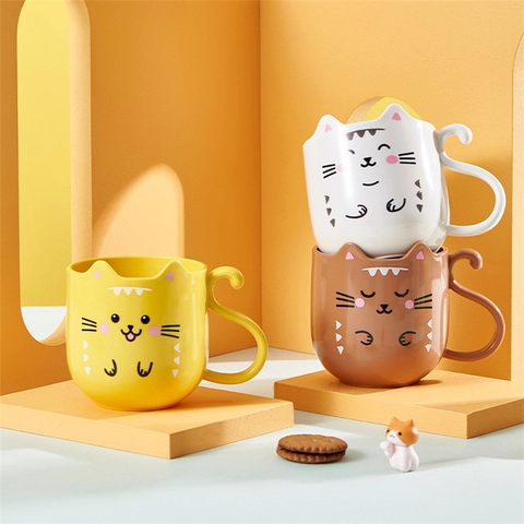 Cartoon Cat Dog Mouthwash Cup PP Plastic Tail Handle Bathroom Brushing Tumbler For Kids Students Cute Novelty Drinkware