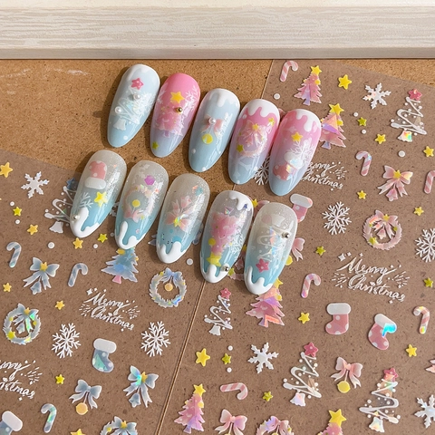 Christmas 3D Relief Nail Stickers Laser Holographic Snowflake Tree Self Adhesive Nail Art Decals Winter Holiday Decoration