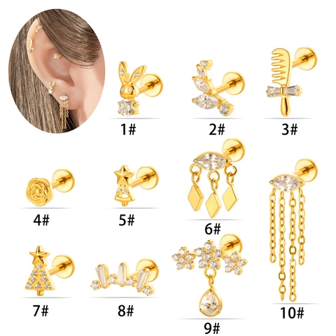 F136 Titanium Alloy Internally Threaded Labret Piercing Jewelry Zircon Christmas Tree Rabbit Flower Ear Cartilage Studs