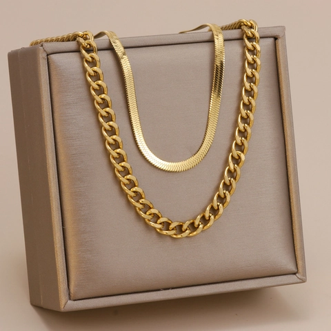 Double Layer Necklace Set Stainless Steel 18K Gold Plated Cuban Link And Herringbone Snake Chain Hip Hop Minimalist Jewelry