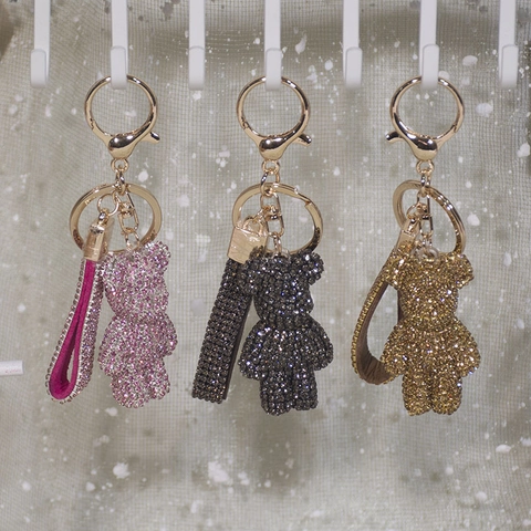 Rhinestone Bear Keychain Sparkling Crystal Violent Bear Pendant Bag Charm Bling Alloy Key Ring For Women Girls Gift