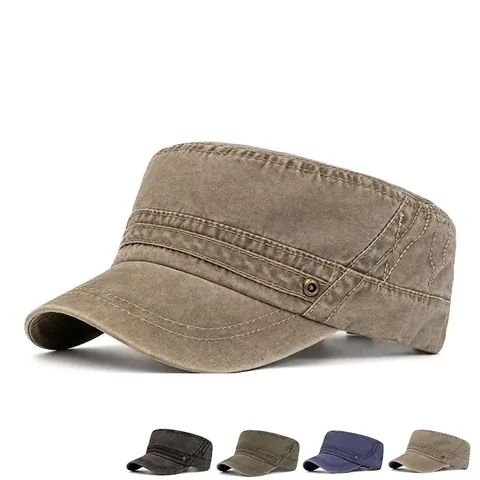 Cadet Pet Vintage Gewassen Katoen Flat Top Militaire Hoed Verstelbaar Outdoor Zonbescherming Ademend Distressed Stijl