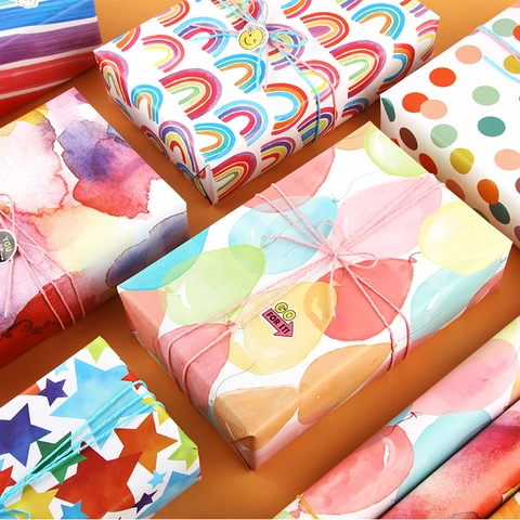 Lebhaftes Cartoon Geschenkpapier Kunstdruckpapier Regenbogen Punkte Stern Ballon Streifen Muster Blätter Rollen Für Geburtstag Party