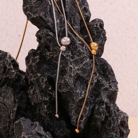 Collar En Forma De Y Minimalista Acero Inoxidable Chapado En Oro De 18K Cadena De Serpiente Con Cuentas Metálicas Para Mujer