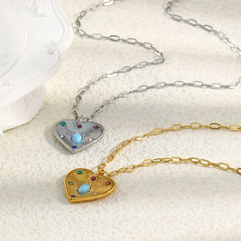 Collar Con Colgante De Corazón Acero Inoxidable Chapado En Oro De 18K Con Opalo Azul Y Circonita Para Mujer Vintage