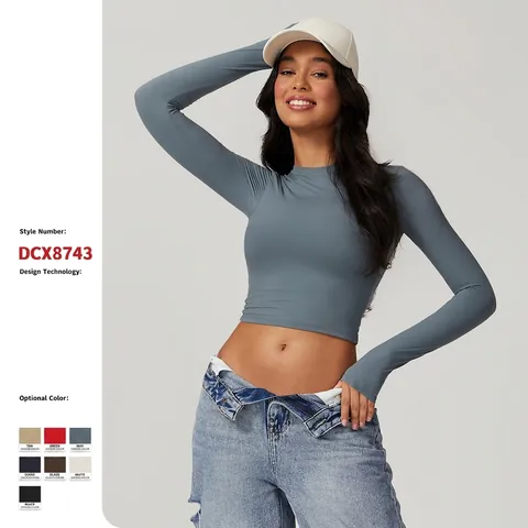 Women Long Sleeve Yoga Crop Top Slim Fit Sports T-Shirt Quick Dry Polyamide Spandex Running Gym Fitness Athletic Shirt