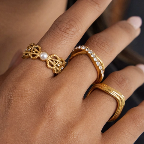 Anillo de Acero Inoxidable de Lujo Zirconia y Perla Artificial de Imitación Vintage Geométrico Abierto Ajustable para Mujer Joyería