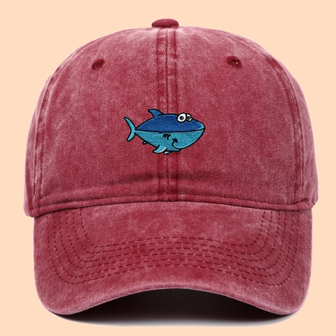 Washed Cotton Baseball Cap Retro Vintage Cartoon Shark Embroidery Outdoor Casual Sun Protection Breathable Adjustable