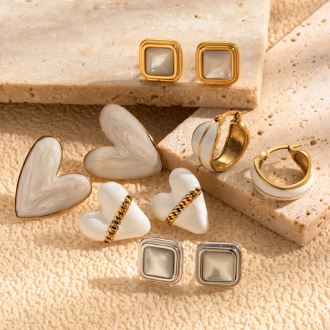 Stainless Steel Earrings Heart Square Geometric Hoop Stud Enamel Mother Of Artificial Pearl French Vintage Style Jewelry For Women
